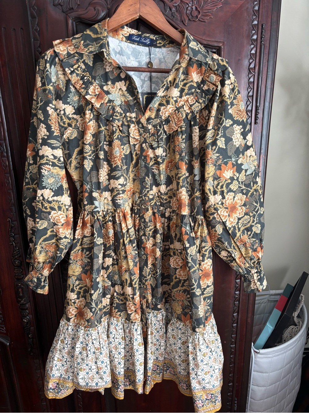 Trish Scully Floral Ruffle Dress in Olive & Mustard